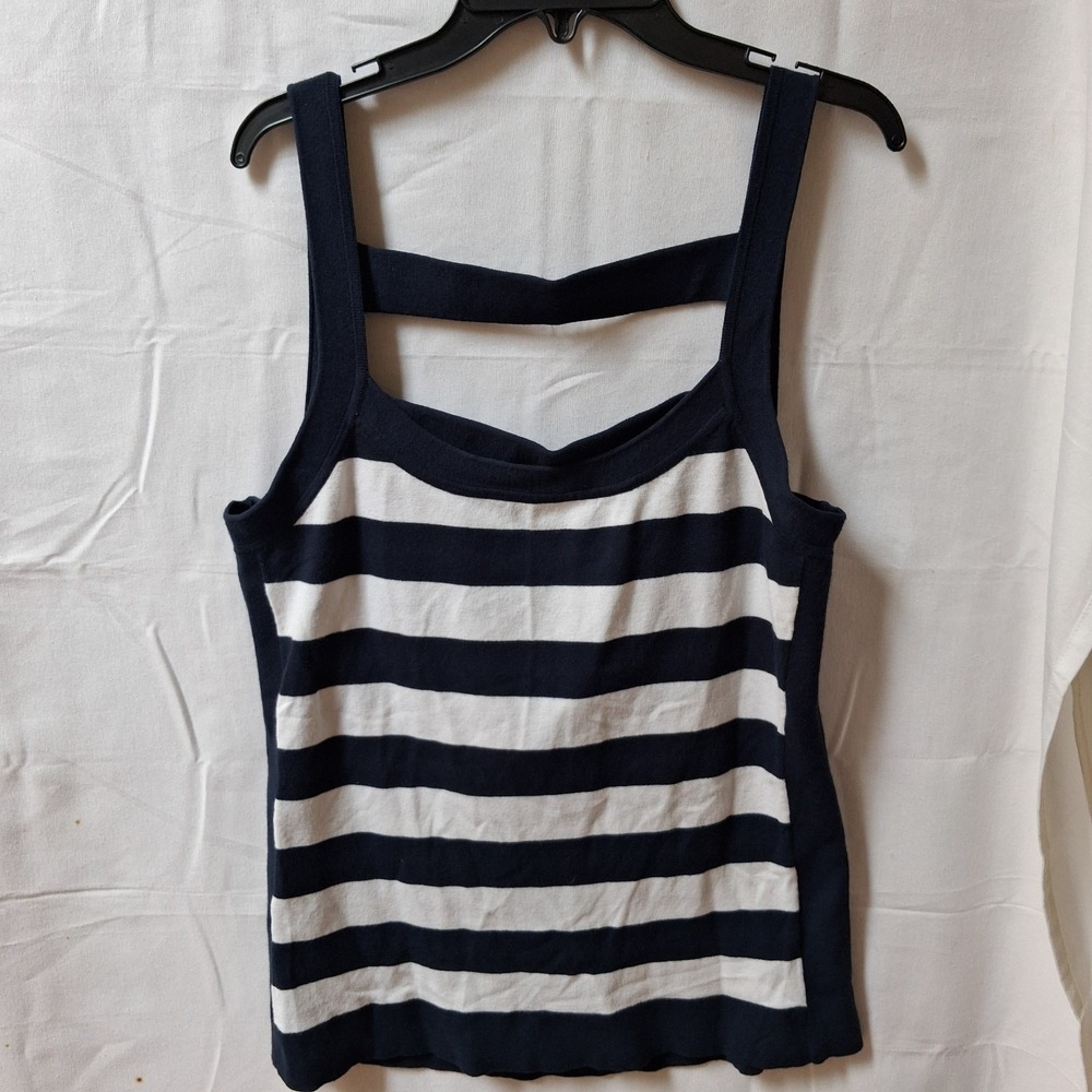 Cache Womens XL Navy Blue White Striped Knit Tank Top Double Strap Square Neck